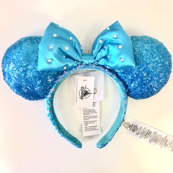 2022 Disney Parks Blue Aqua Sequin Minnie Mouse Ears Headband - NEW - Picture 2 of 2